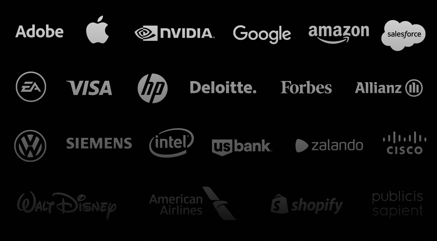Adobe, Apple, NVIDIA, Google, Amazon, Salesforce, EA, Visa, HP, Deloitte, Forbes, Allianz, Volkswagen, Siemens, Intel, US Bank, Zalando, Cisco, Walt Disney, American Airlines, Shopify, Publicis Sapient