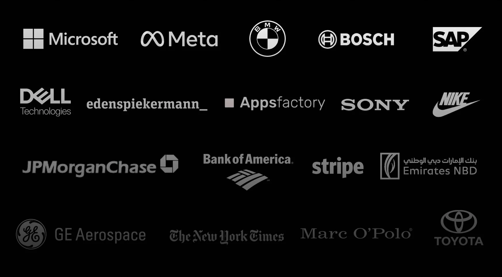 Microsoft, Meta, BMW, Bosch, SAP, Dell Technologies, Edenspiekermann, Appsfactory, Sony, Nike, JPMorgan Chase, Bank of America, Stripe, Emirates NBD, GE Aerospace, The New York Times, Marc O'Polo, Toyota